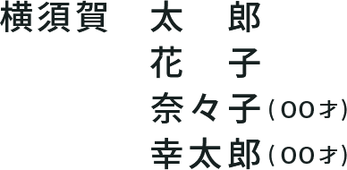 横須賀　太郎/花子/奈々子(00才)/幸太郎(00才)